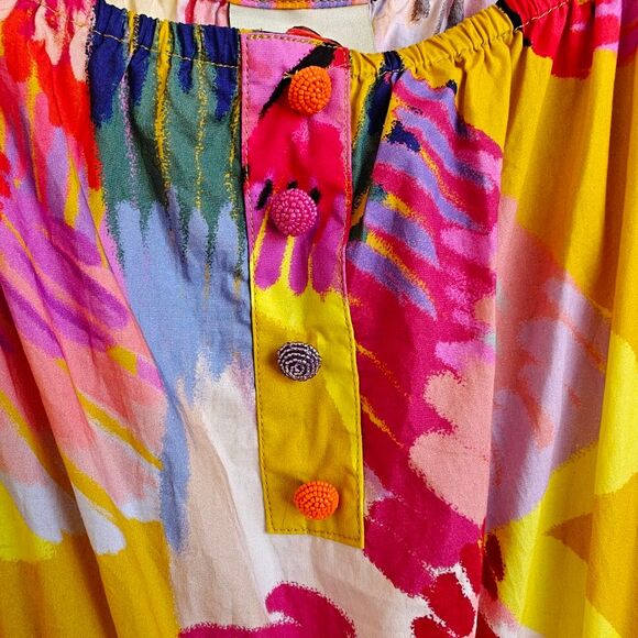 Farm Rio Neon Macaws Maxi Dress Size XS Colorful Off The Shoulder Beaded Belt - Picture 8 of 14